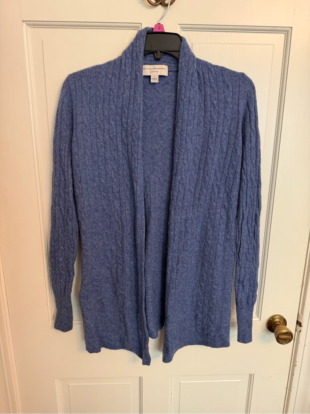 White + Warren Dusty Blue Cable-Knit Open Cardigan
